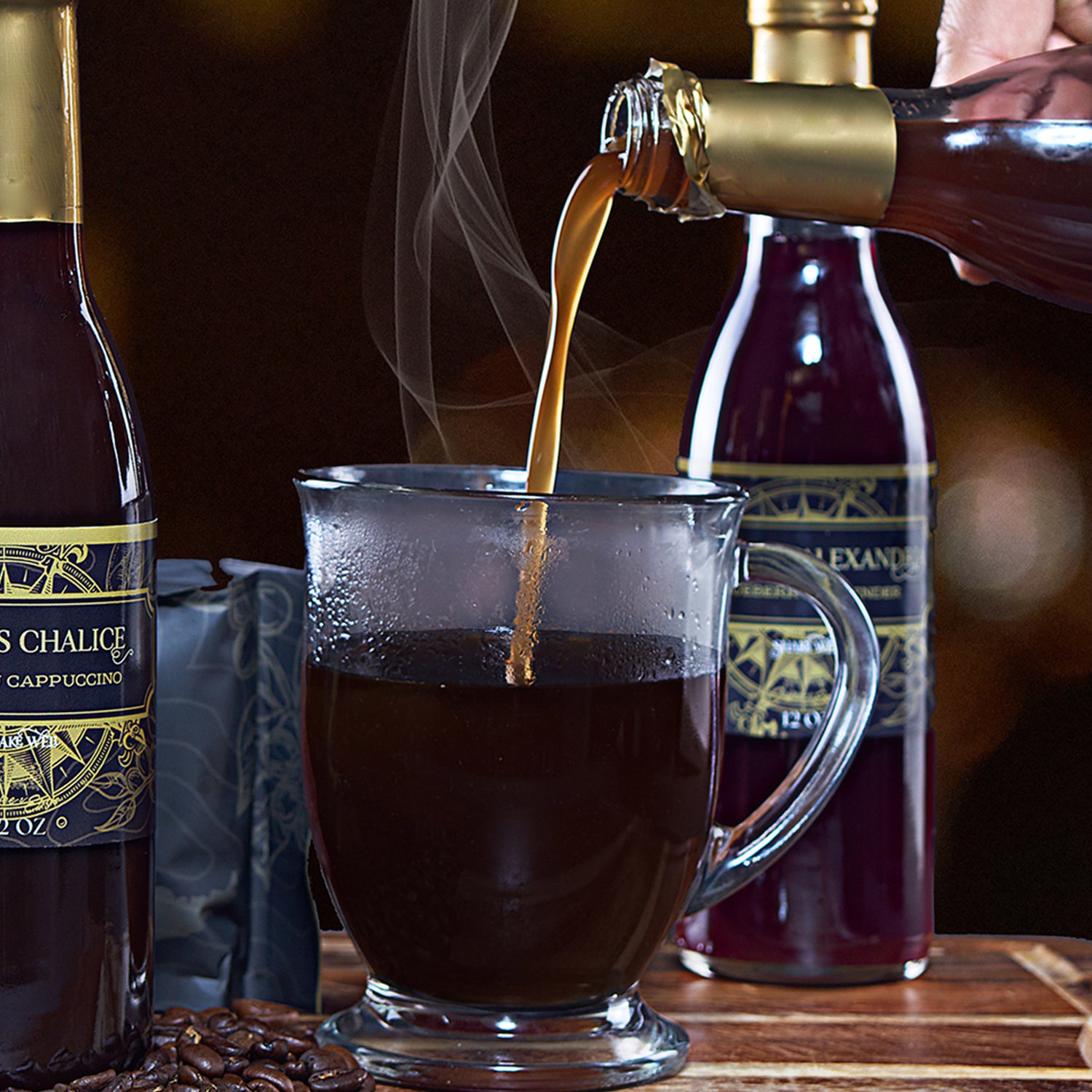 pouring syrup into coffee